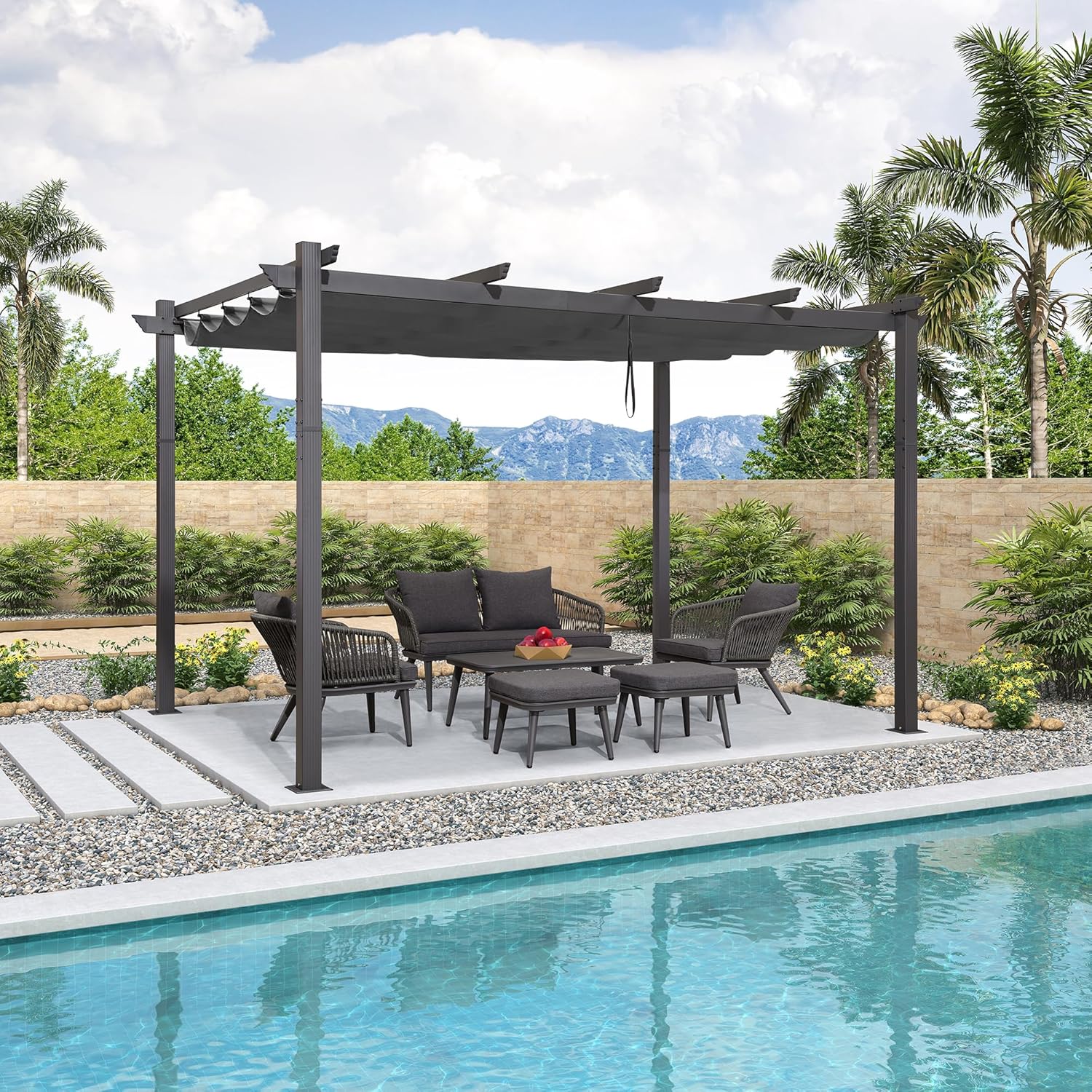etezen - Pergola aluminium, 3,65x3m, toile coulissante, gris