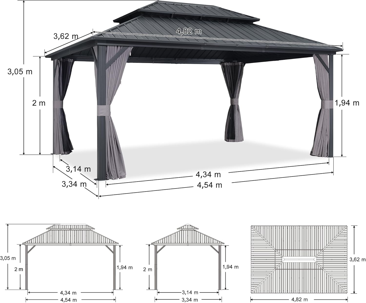 etezen - pergola série double toit - 4,85x3,65 m - alu acier, rideaux, moustiquaire