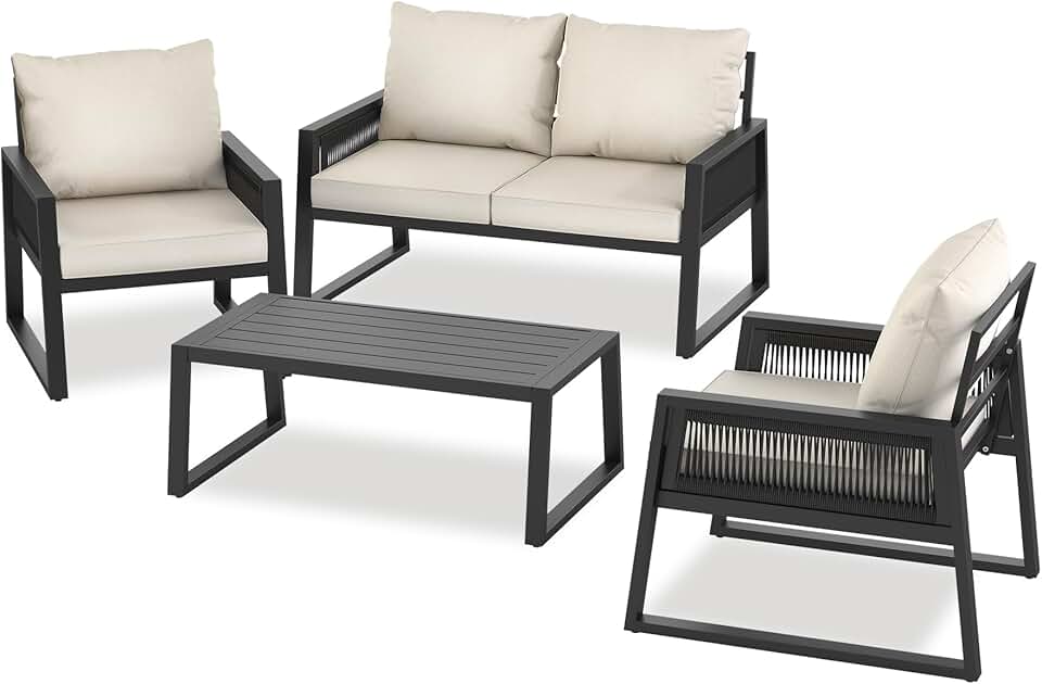etezen - Salon jardin alu 4 places, canapé, fauteuils, table, coussins inclus