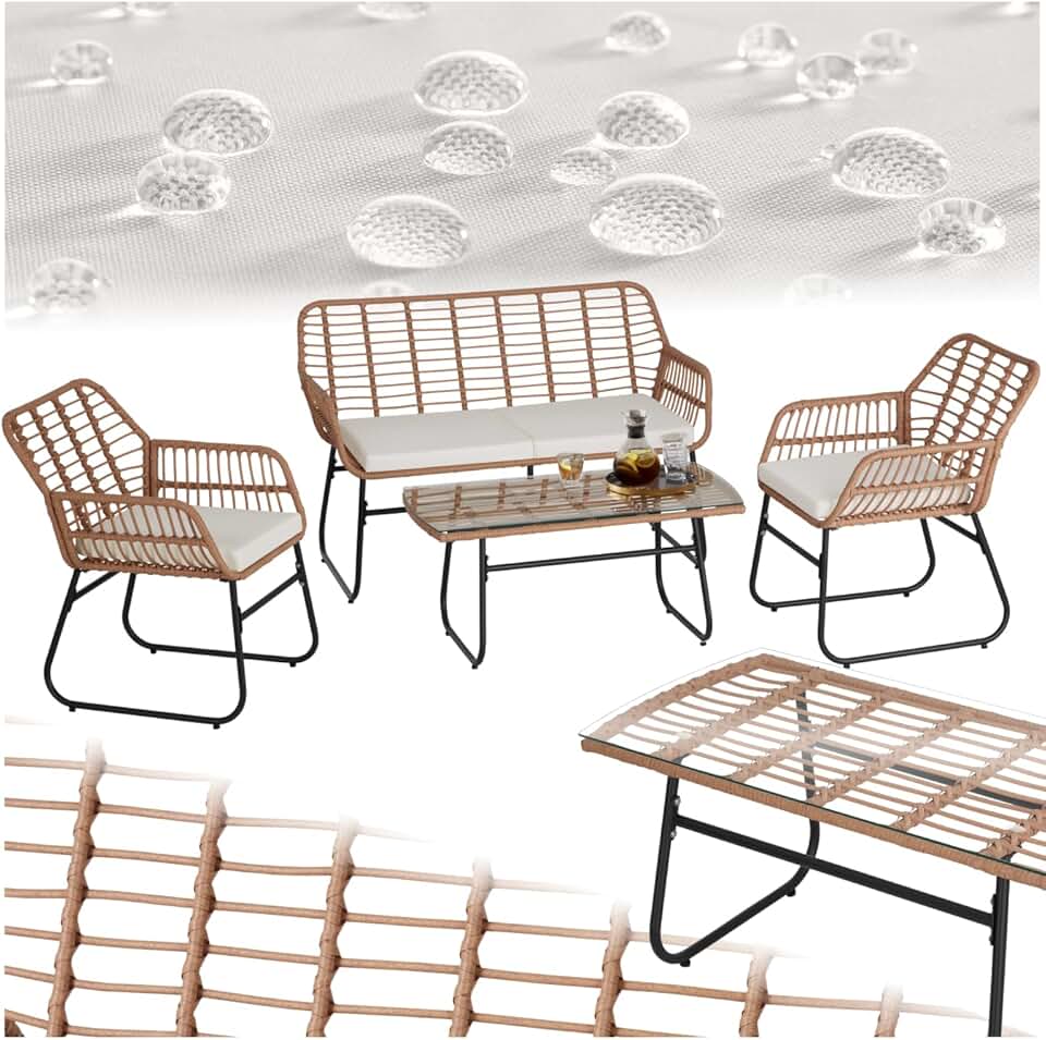 etezen - salon de jardin poly rotin 4 pcs, coussins, plateau verre 401206