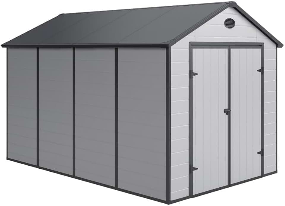 etezen - abri de jardin résine gris 8,9m², double pente, kit fondation