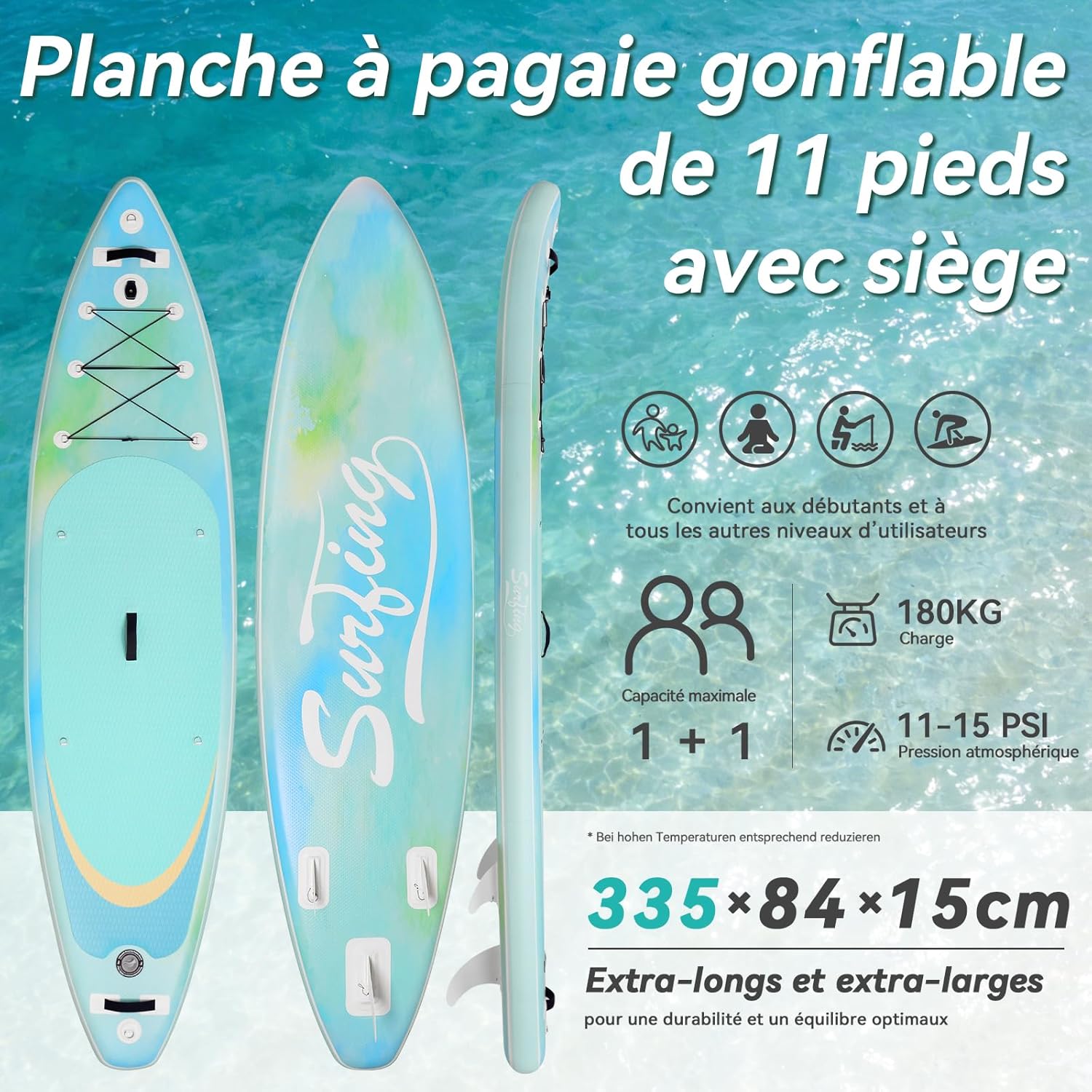 etezen - paddle gonflable adulte - 320/335cm - 2 places, siège kayak, pagaie alu, support caméra, pompe, 150 kg