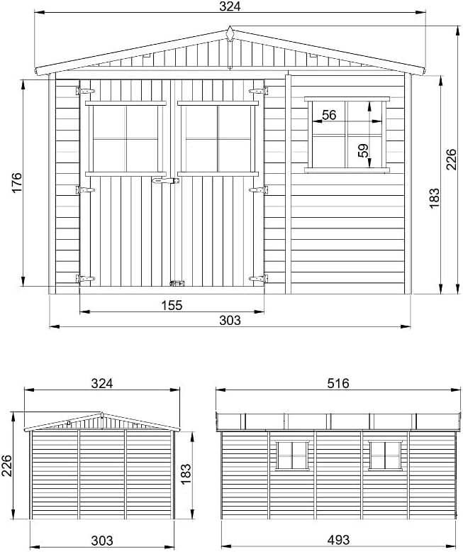 ABRI de Jardin en Bois Exterieur avec Les PLANCHERS IMPRÉGNÉ - Chalet en Pin/épicéa- H226x324x516 cm/15 m²- Construction de Panneaux- Rangement pour vélos, Remise à Outils- etezen M337+M337G