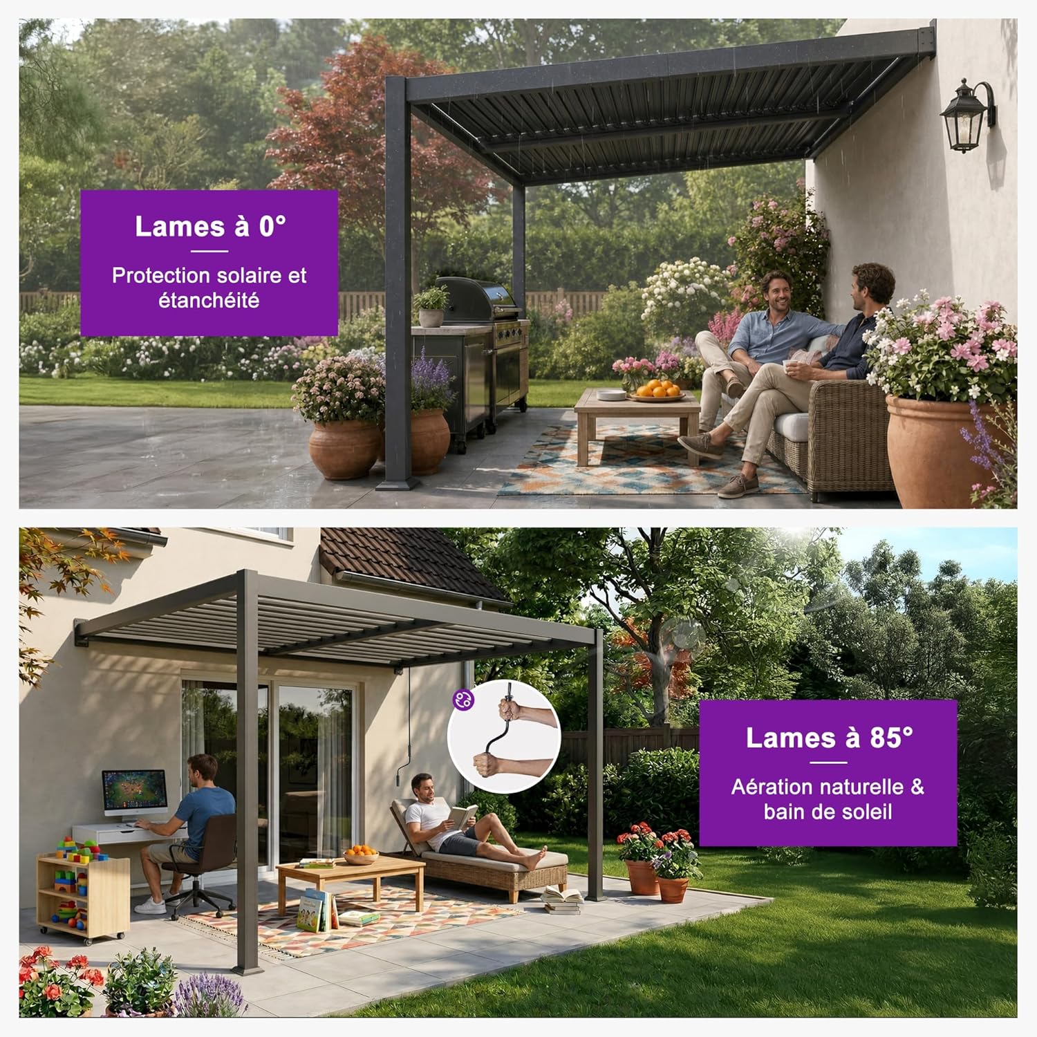 etezen - Pergola bioclimatique adossée - 2,5x3 m - aluminium, lames orientables, résistante intempéries