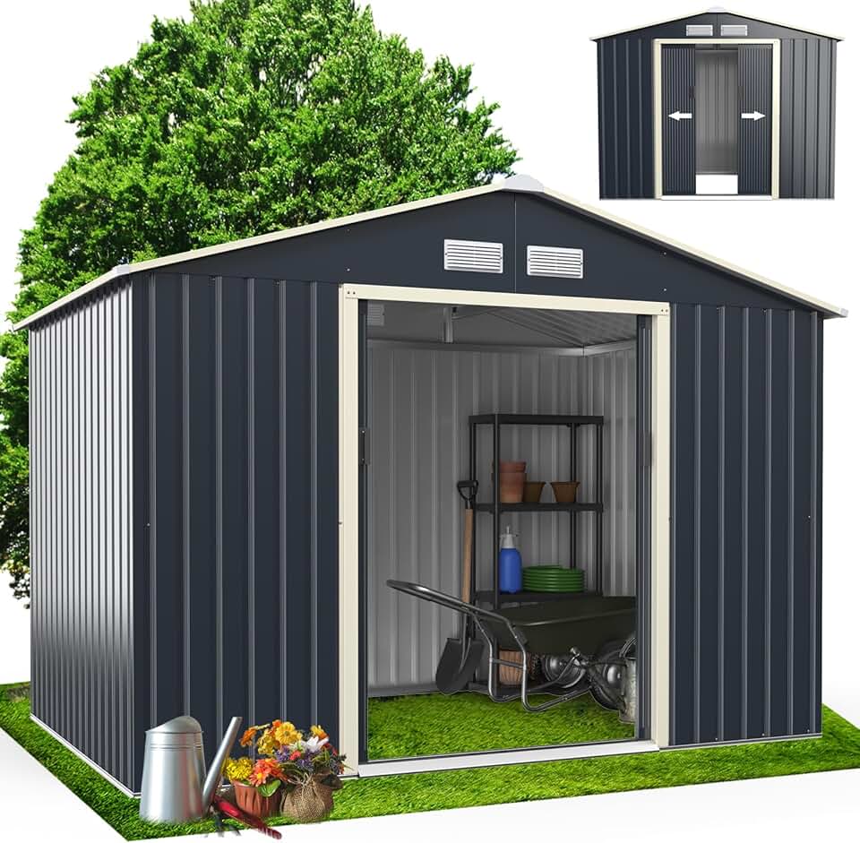 etezen Abri de Jardin Métal 5m2 avec Porte Coulissante Toit en Pente, Cabane de Jardin Extérieur 277x192x202cm Bricolage Rangement Cananon de Jardin résistant aux intempéries