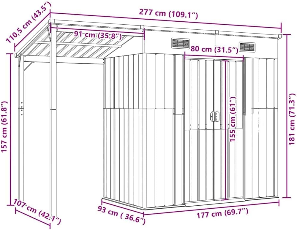 etezen Abri de Jardin avec Toit prolongé Vert 277x107x181 cm Acier, Maison & Jardin, Pelouses & Jardins, Vie en extérieur, Structures extérieures, Cabanes & abris de Jardin, Vert, (Poids 41.56KG)