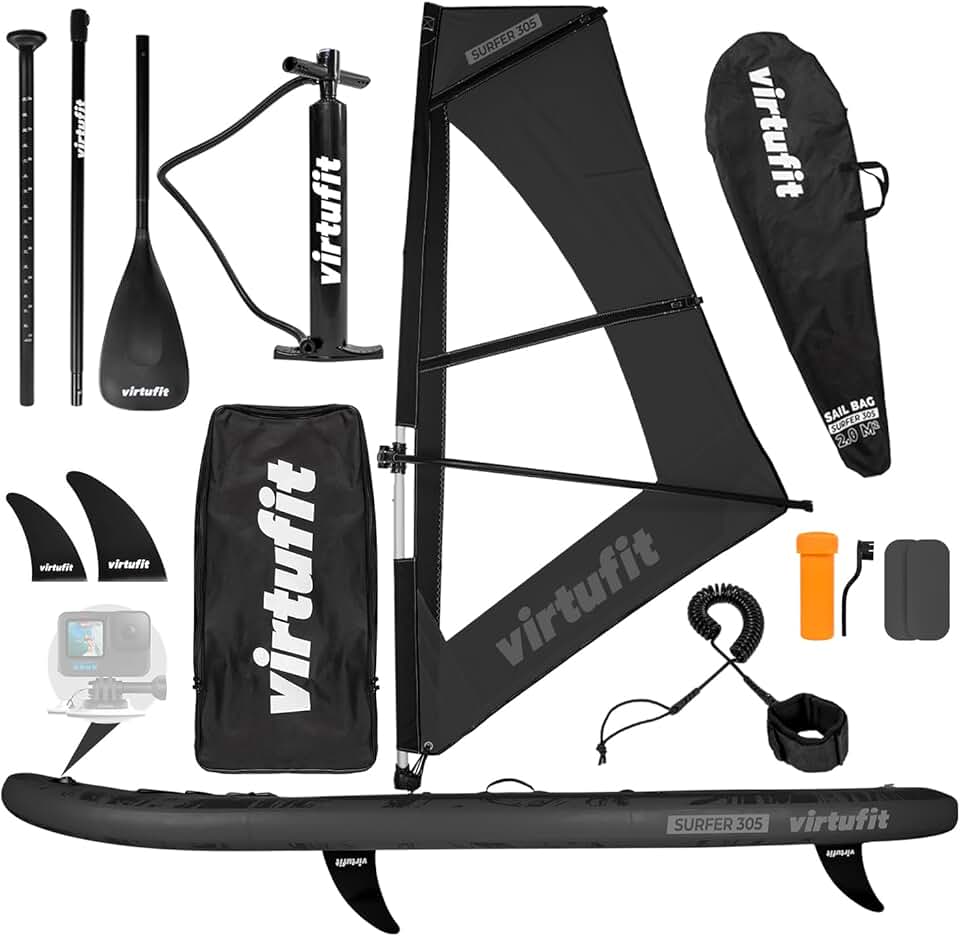 etezen Planche de SUP Surfer 305 gonflable avec voile de planche à voile, planche de stand up paddle noire, accessoires, pagaie, pompe, sac de transport, support GoPro, débutant à avancé, 305 x 81 x