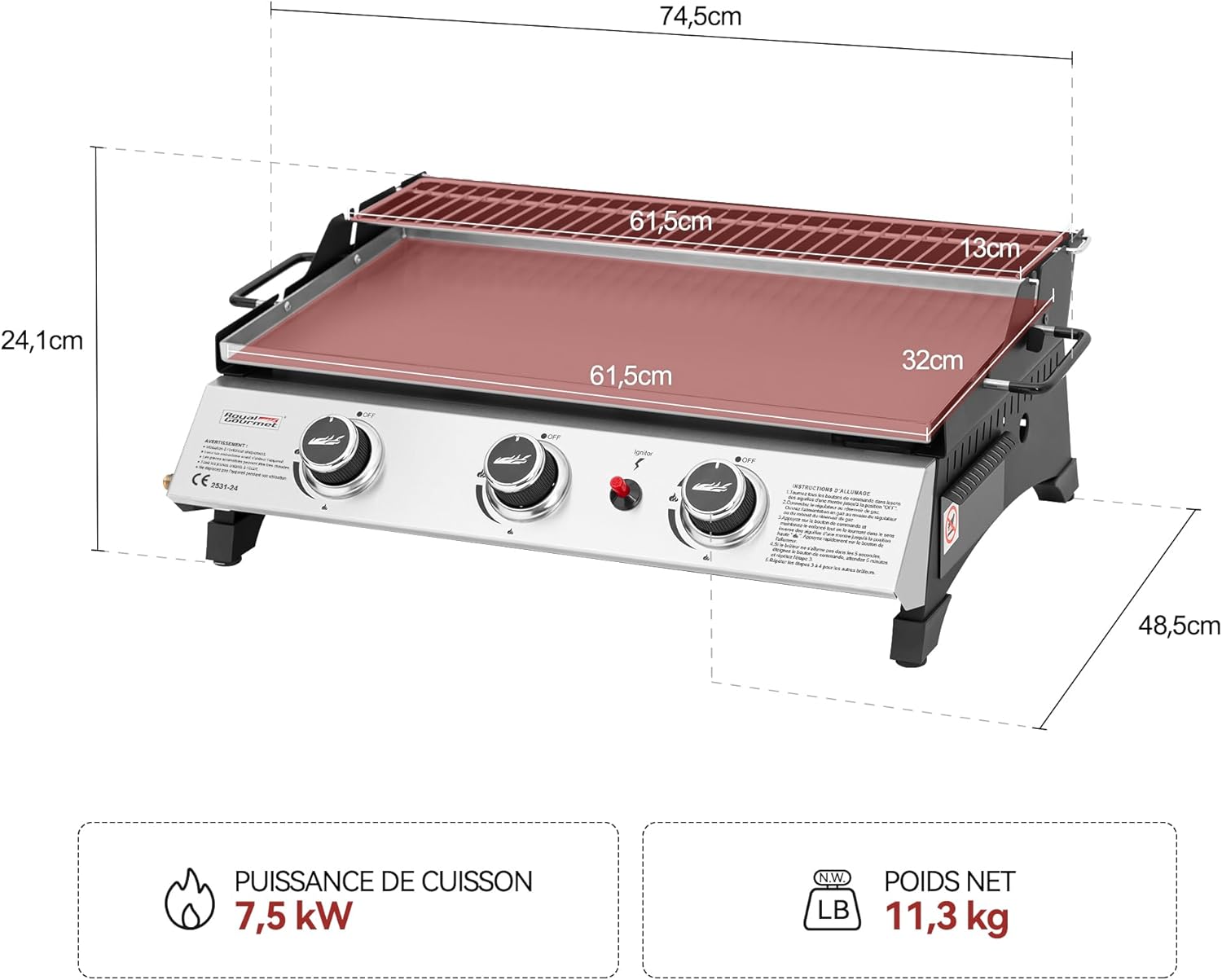 etezen - Plancha gaz inox 3 brûleurs 61,5x32cm, 7,5kW, usage extérieur