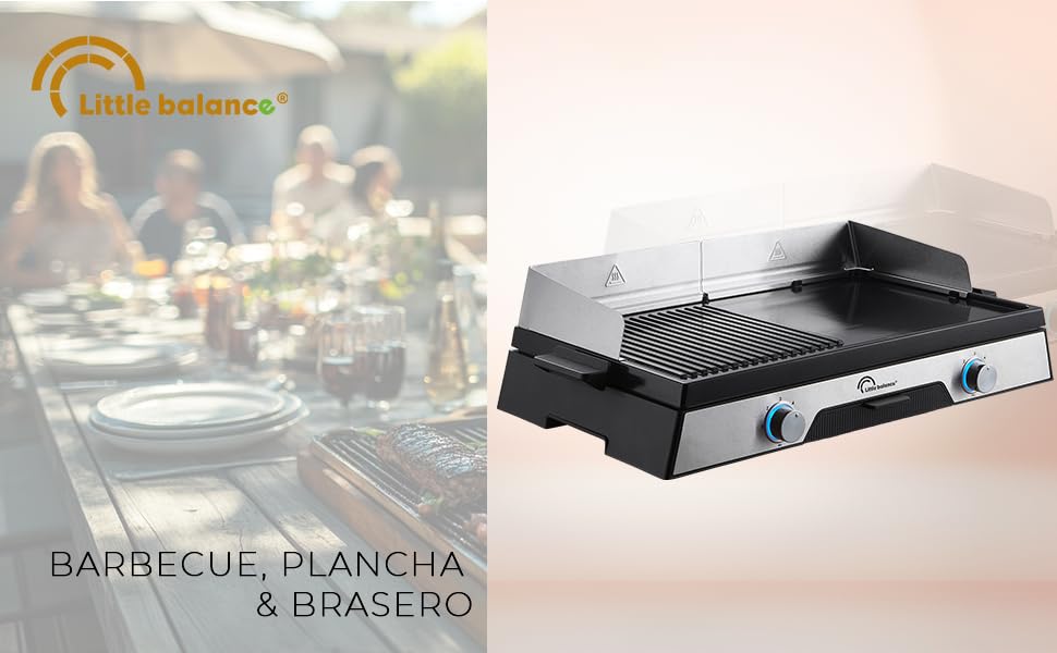 Le texte indique « BARBECUE, PLANCHA & etezen » avec logo. Plaque chauffante de table noire ou grill portable avec panneau de commande affiché sur le plan de travail.