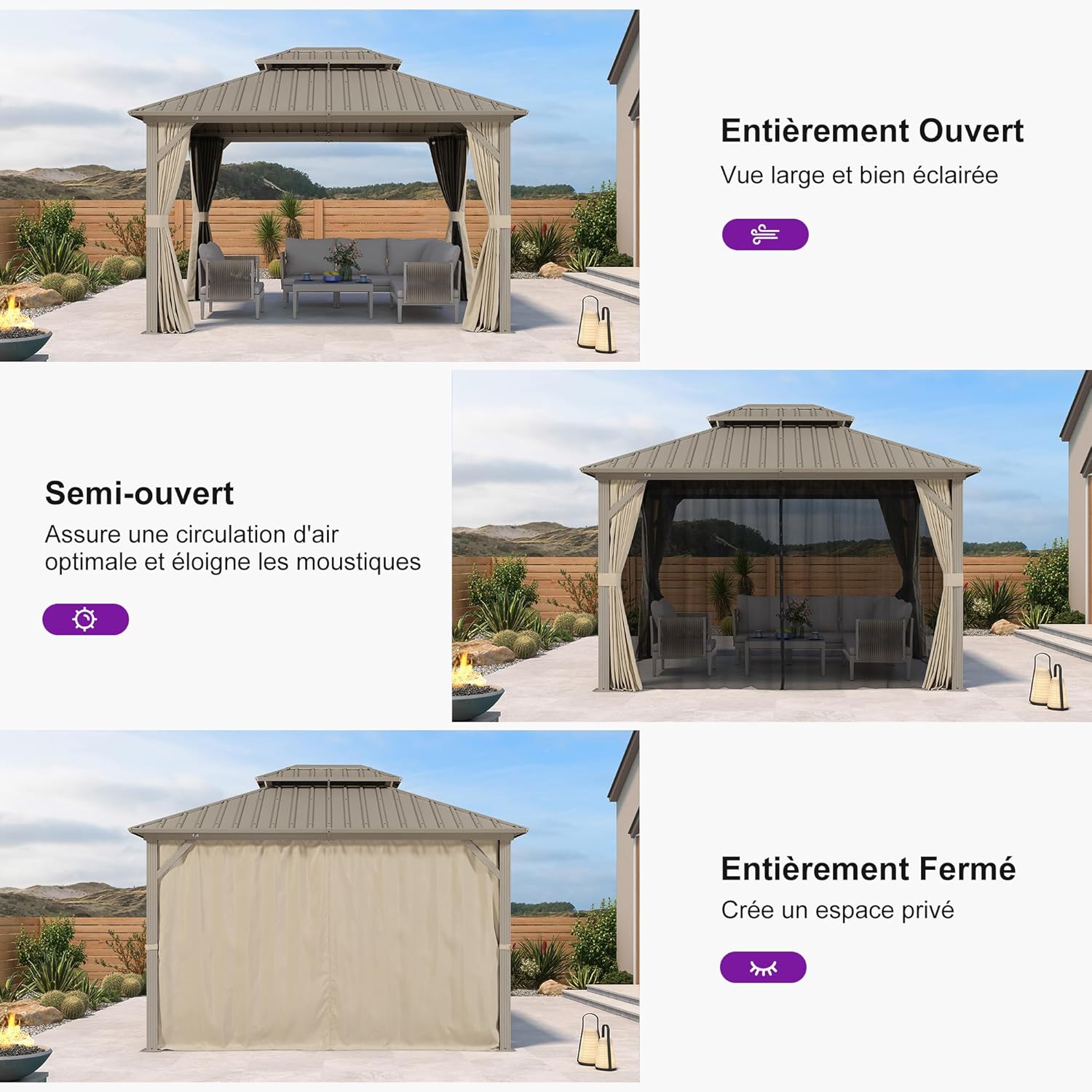 etezen - pergola aluminium - 3,65x3m - double toit, moustiquaire, rideaux