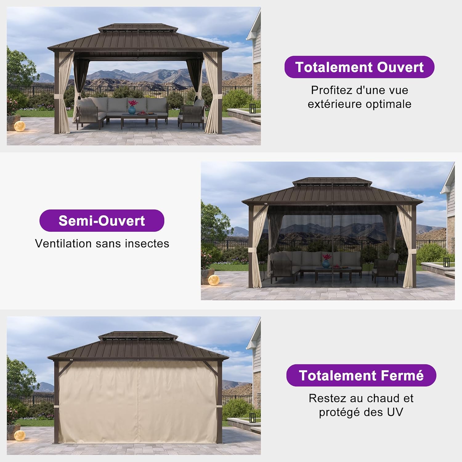 etezen - Pergola toit rigide - 4,25x3m - acier, aluminium, guirlande