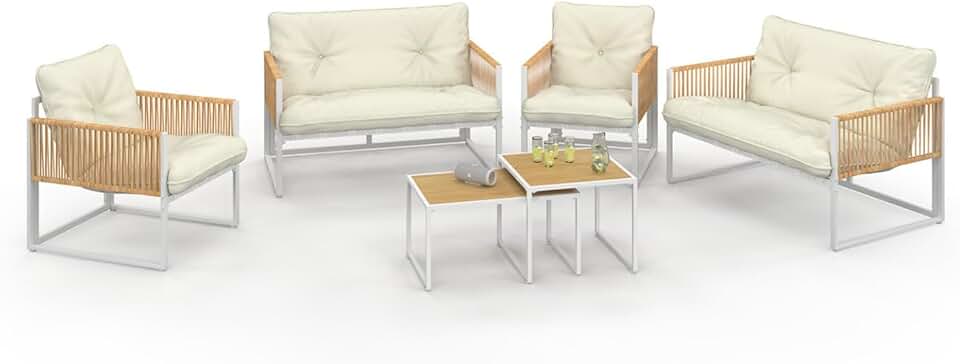 etezen - Rio série - 6 places - métal blanc, corde rotin, coussins beige