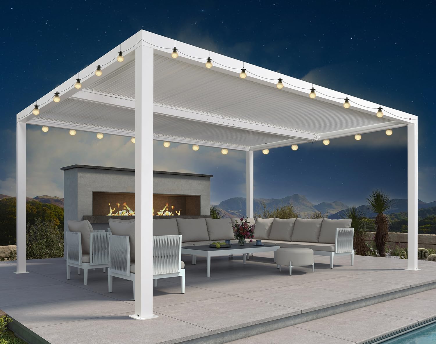 etezen - Pergola bioclimatique - 4,8x3,68m - lames orientables, éclairage intégré, aluminium, blanc