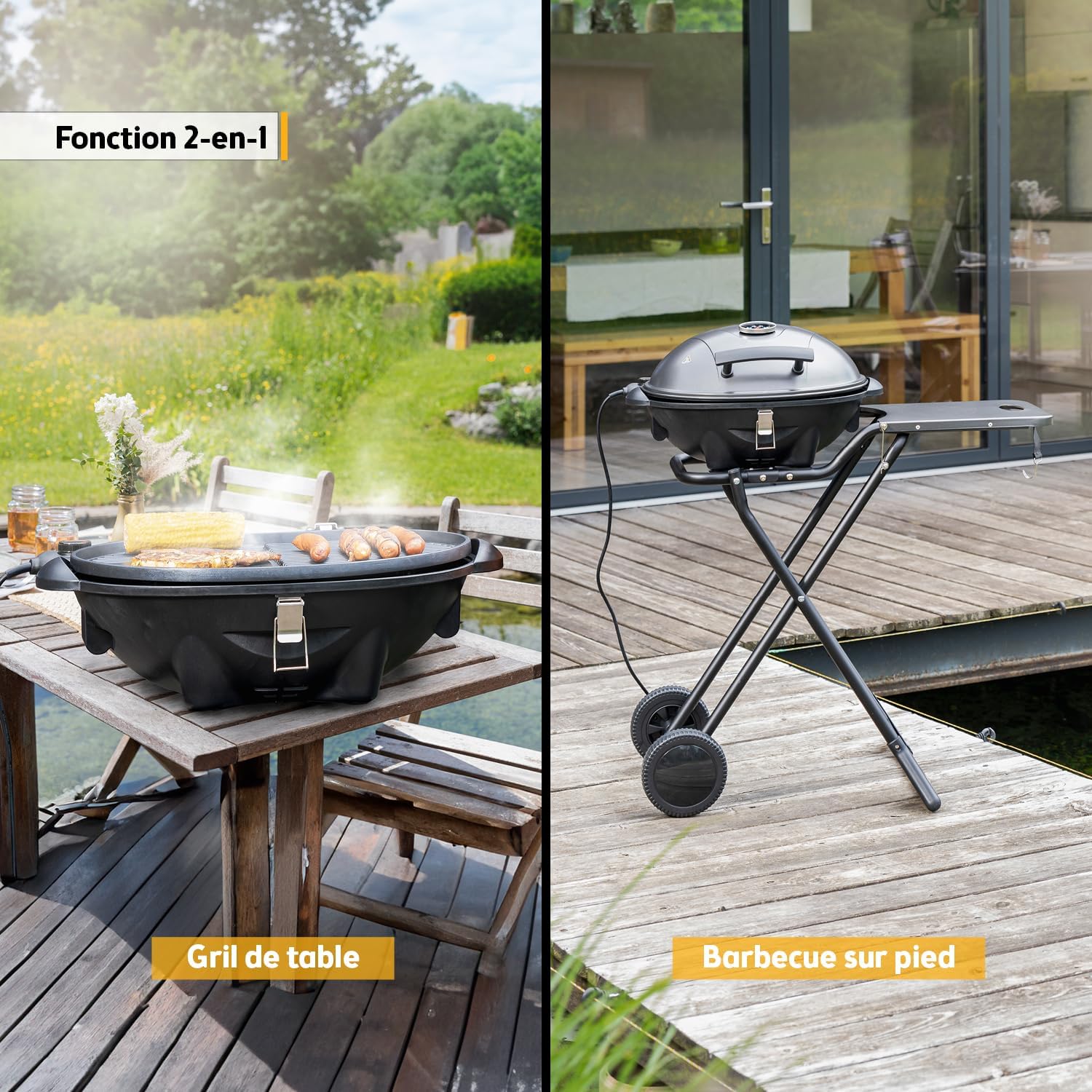 etezen - Barbecue 2-en-1 pliable 2400W, couvercle, chariot, thermomètre - TZSFA5350-6