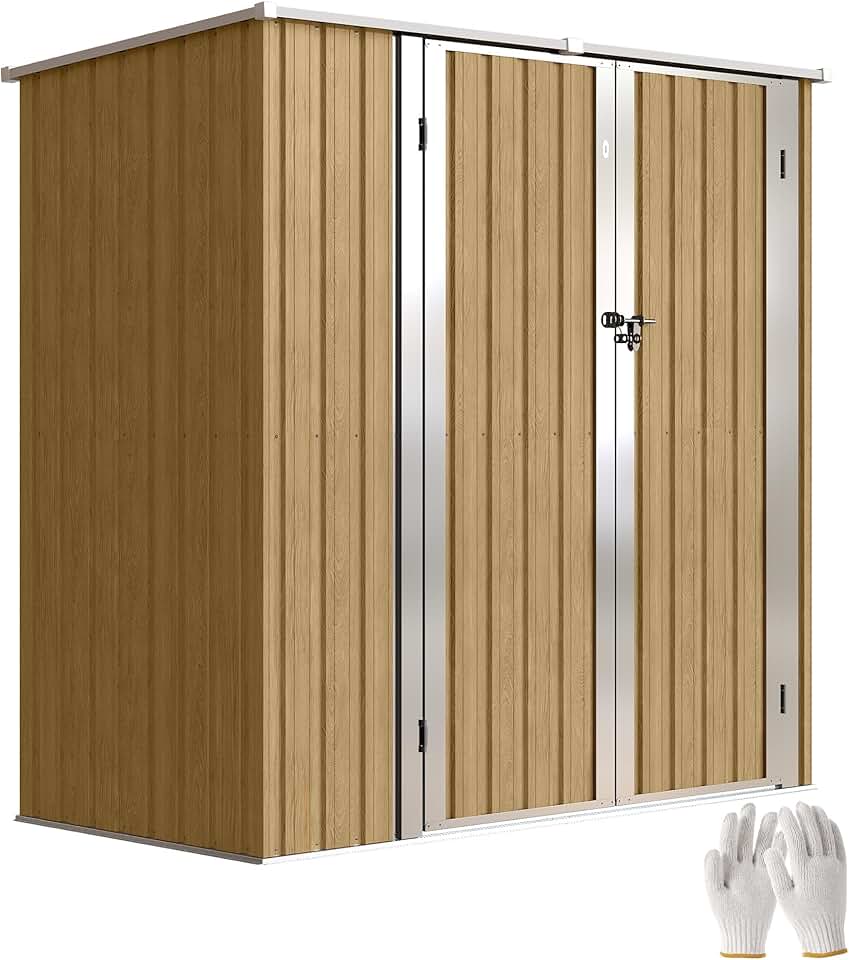 etezen Abri de Jardin d'extérieur 1,37 m², 163 x 89 x 163 cm, abri de Jardin métallique d'extérieur avec Toit en Pente, Portes à loquet et poignées pour Le Rangement des Outils, Marron Clair