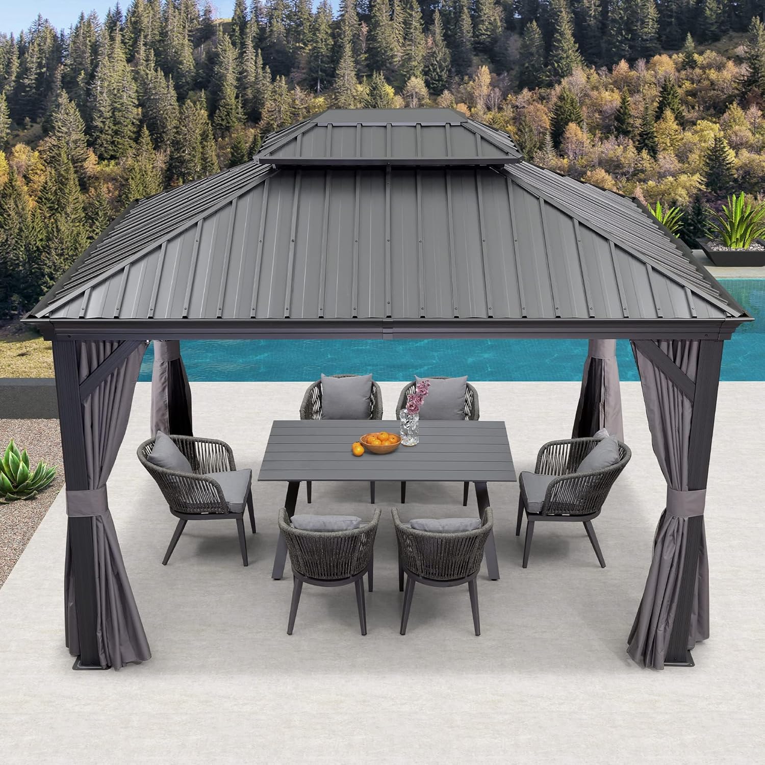 etezen - pergola double toit acier 4x3m, moustiquaire, rideaux