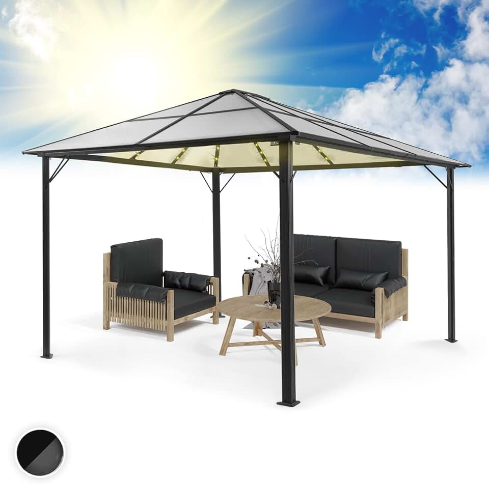 etezen - Pergola aluminium série Jardin - 3x4m - toit polycarbonate rigide, éclairage LED, verre translucide