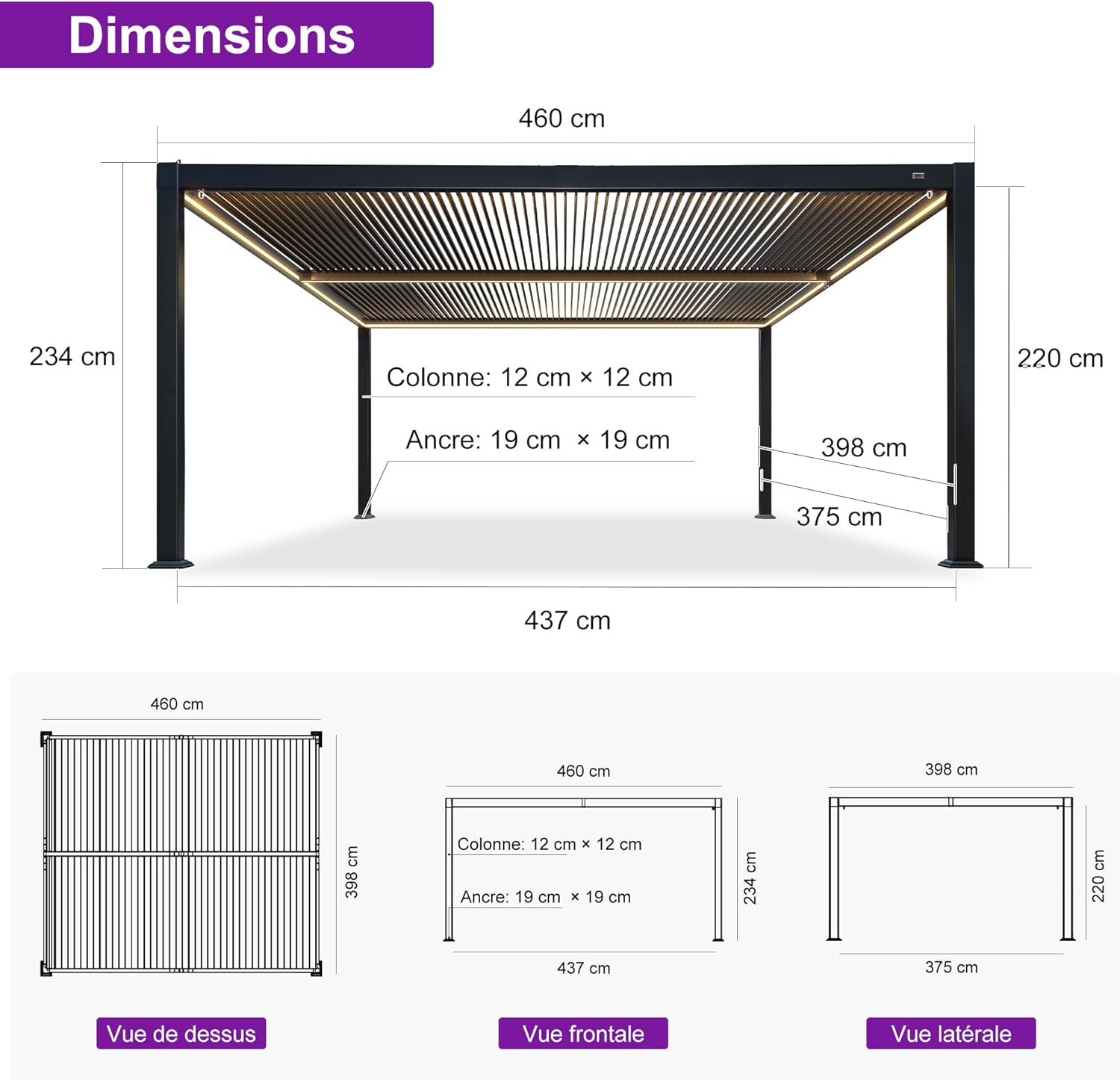 etezen - Pergola bioclimatique alu 4x4.6m, lames LED, durable