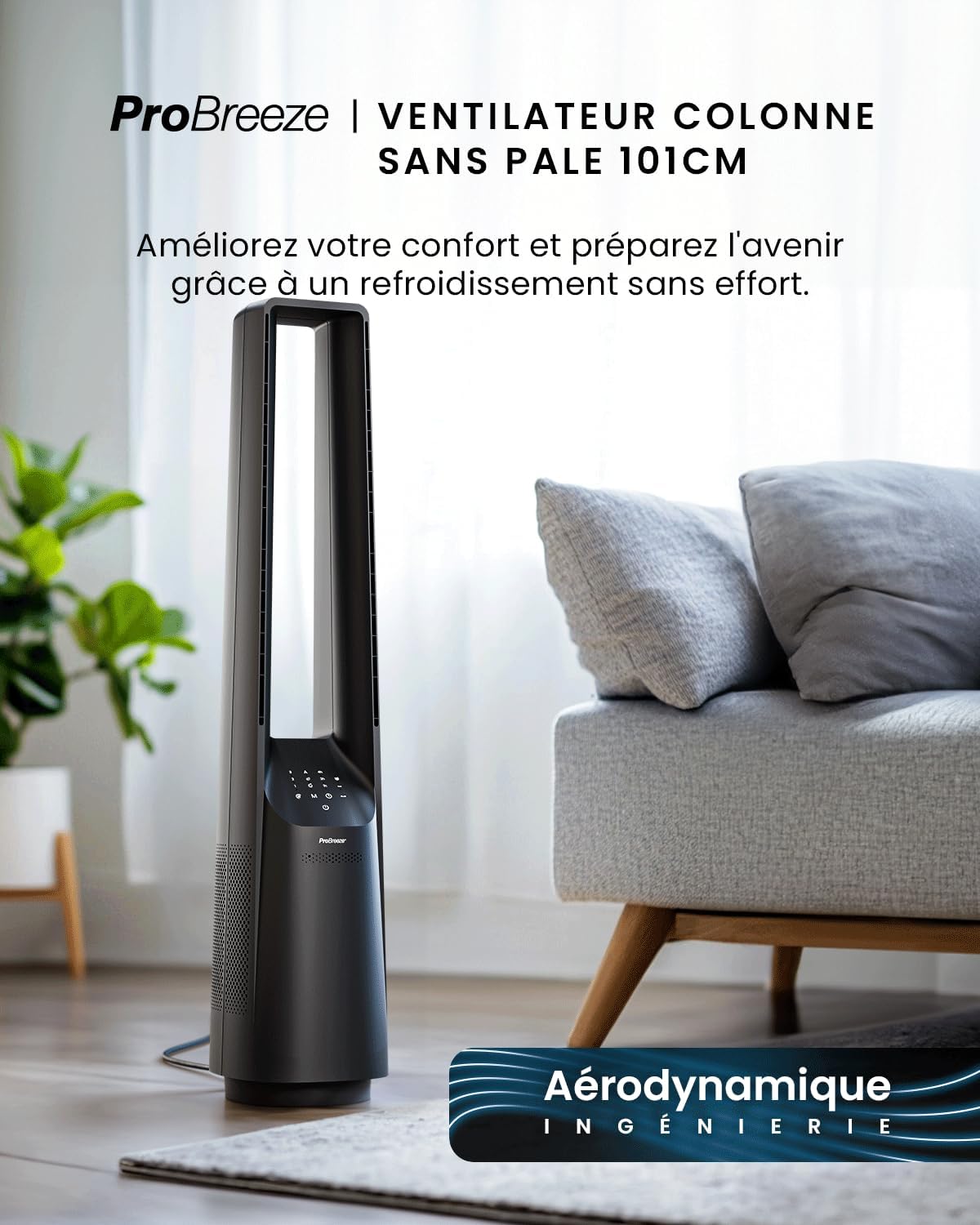 etezen - Ventilateur colonne sans pales - 101 cm - WiFi, ultra silencieux, LED, télécommande, 6 vitesses, 5 modes, o