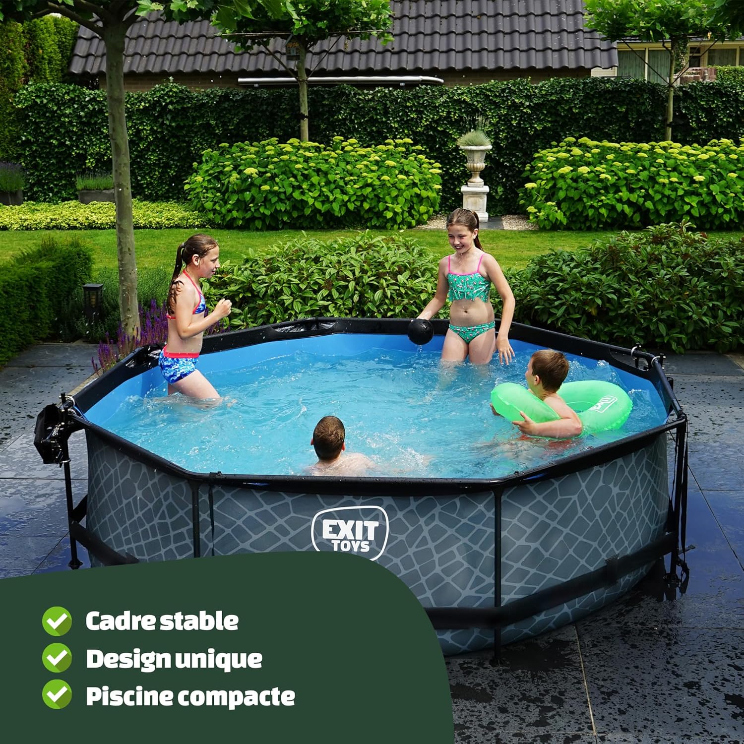 etezen Piscine Tubulaire Stone - ø300x76cm - Piscine Hors Sol Ronde avec Pompe Filtrante à Cartouche - Entrée Basse - Idéal pour Les Jeunes Enfants - Cadre Stable - Design Unique - Gris