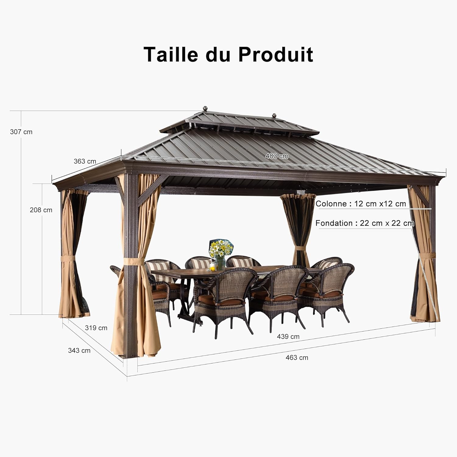etezen - Pergola toit double 4,85x3,65m acier moustiquaire rideaux