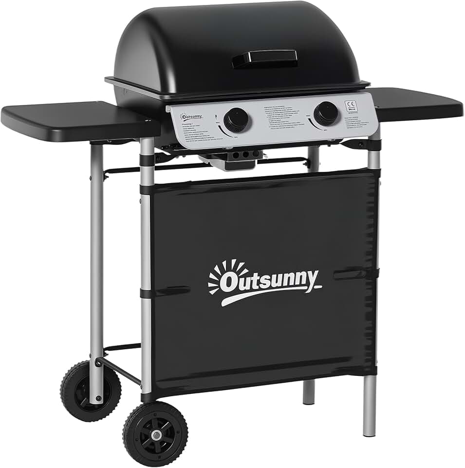 etezen - Barbecue gaz 2 brûleurs inox, 2 grilles, 2,8kW, 2 étagères, 2 roues, noir