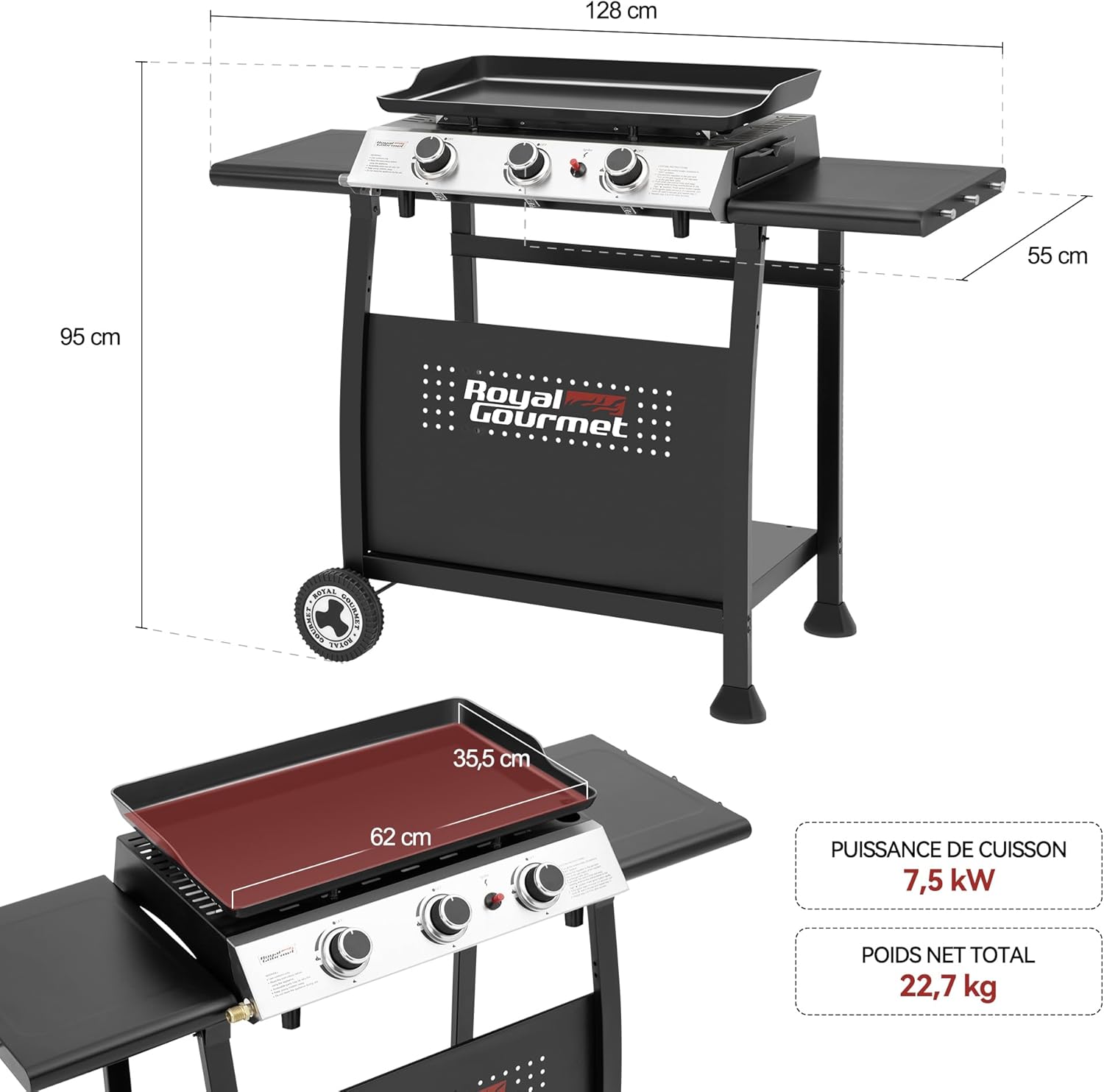 etezen - Plancha sur chariot 62x35,5cm - 3 brûleurs puissants 7,5kW