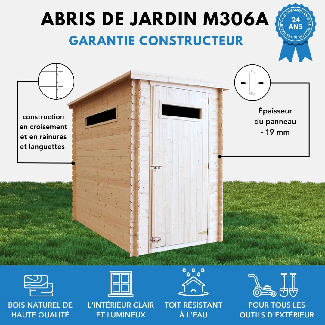 Abri de Jardin en Bois, Petite fenêtre, avec Sol TRAITÉ- Stockage extérieur l239xL144xH198 cm/2.63 m2 - Petit abri à Outils, Local à vélos - Toit imperméable, fenêtres etezen M306A+M306G