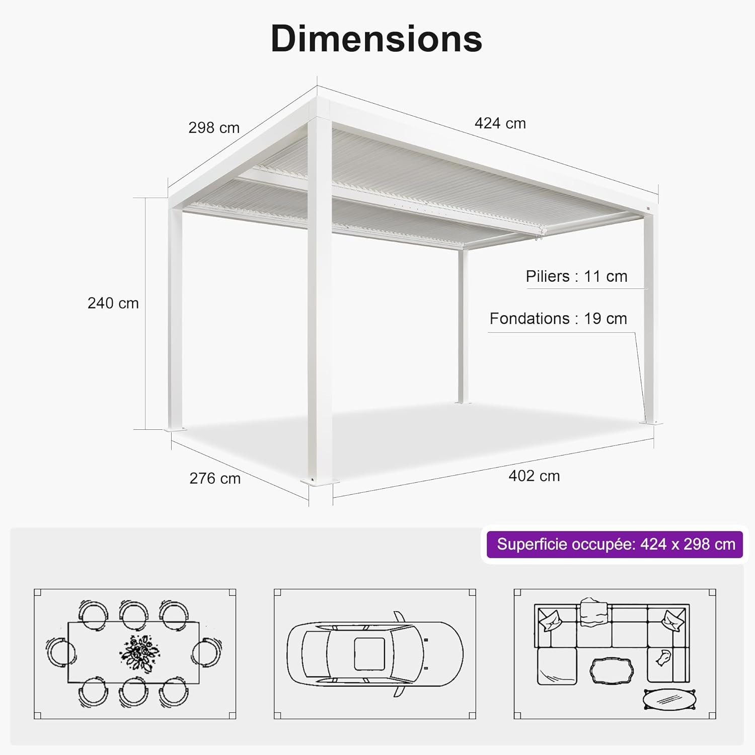 etezen - Pergola bioclimatique 4,24x3m - alu, LED, gouttières, blanc