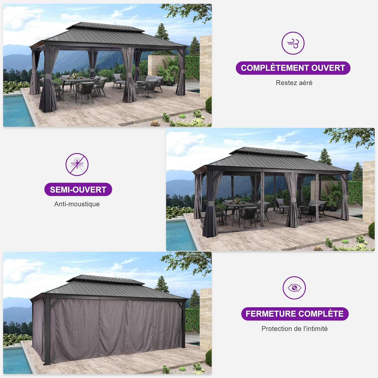 etezen - Pergola double toit acier - 6x3,65m - moustiquaire, rideaux, gouttière, poteaux renforcés