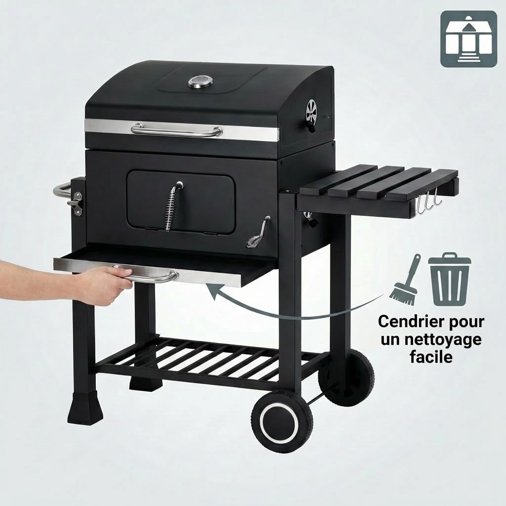 etezen - Memphis - acier, grille, tablette pliable, roulettes, thermomètre, bac à cendres