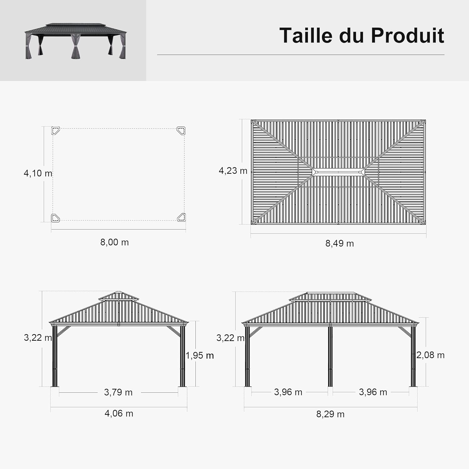 etezen - Pergola série extérieure - 8,5x4,25m - alu, LED, rideaux, moustiquaires, gouttière
