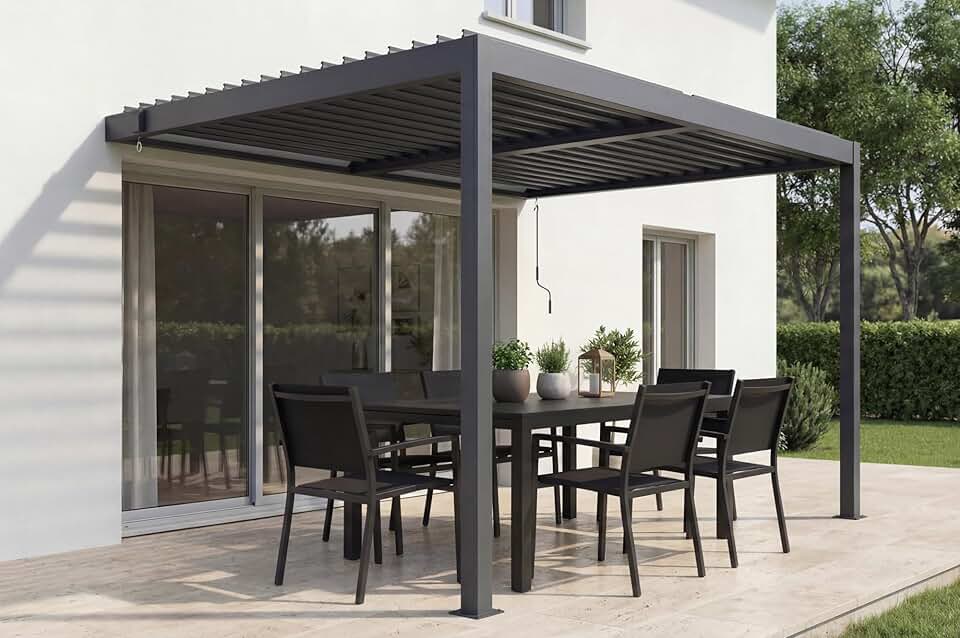 etezen - Piana 3x2m - pergola adossée aluminium, gris, 1 persienne