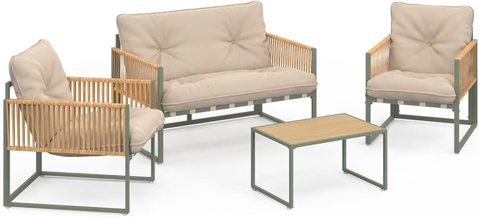 etezen - Rio - salon bas 4 places métal vert, cordage rotin, coussins beige