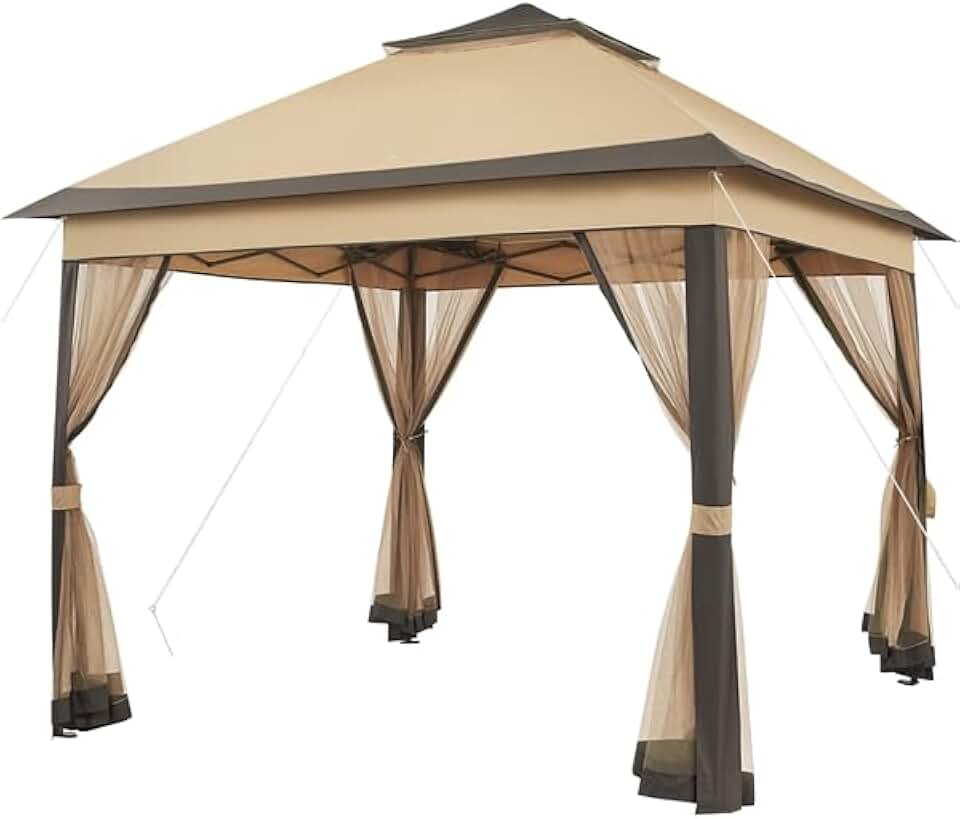etezen - tonnelle jardin série kaki/brun - 3,3x3,3m - moustiquaires, toile imperméable