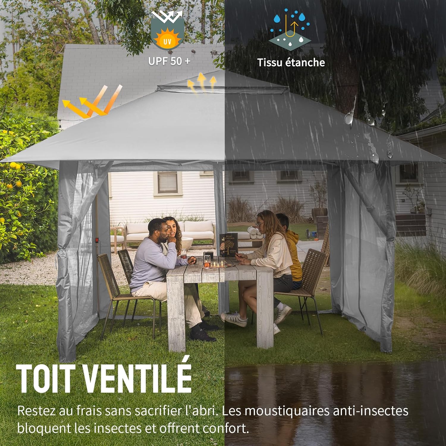 etezen - tonnelle jardin pop up - 4x4 m - double toit, côtés maille, hauteur réglable