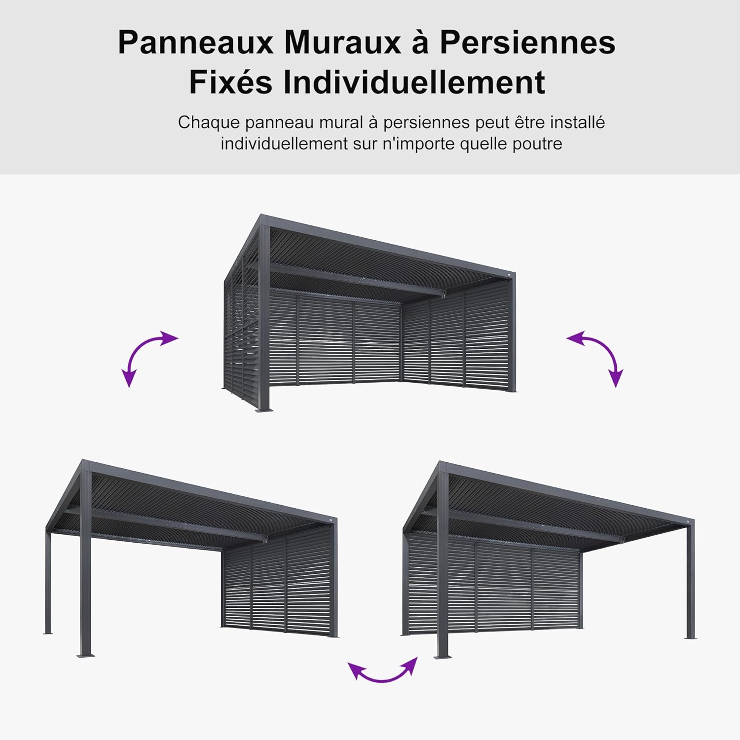 etezen - Pergola bioclimatique série aluminium - 4,8x3,68m - lames orientables, persiennes fixes, gris