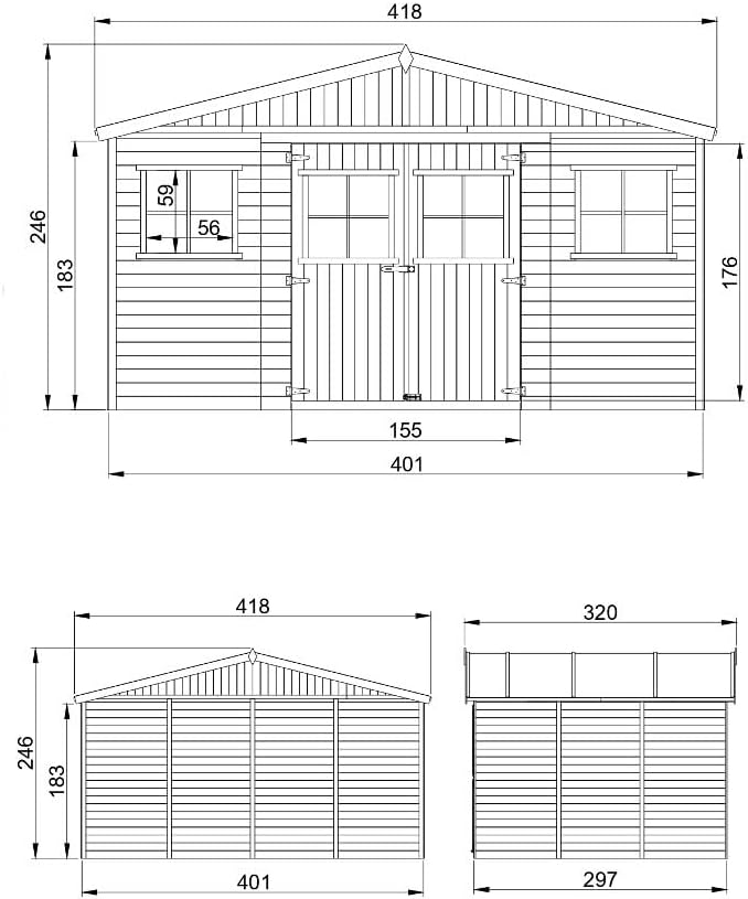 Abri de Jardin en Bois Exterieur avec Plancher IMPRÉGNÉ- Chalet en Pin/épicéa-H246x418x320 cm/12 m²- Construction de Panneaux - Rangement pour vélos, Remise à Outils- etezen M331+M331G