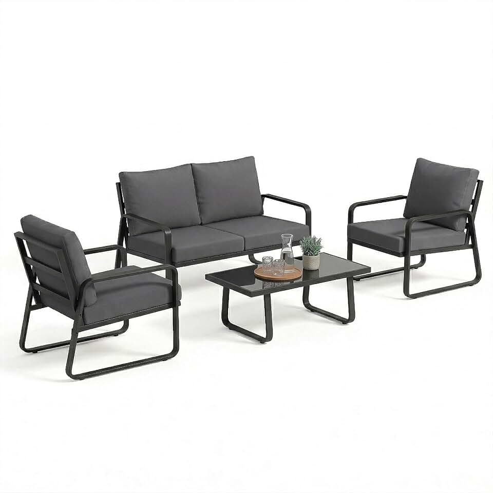 etezen - Salon de jardin 4 pièces - métal, coussins épais, table en verre, noir