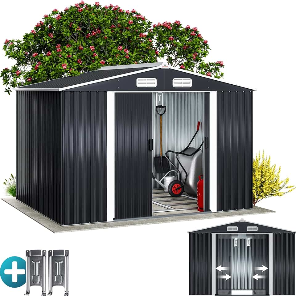 Abri jardin métal XXL - 260x205x180cm - Porte coulissante, fondation, rangement outils -  etezen