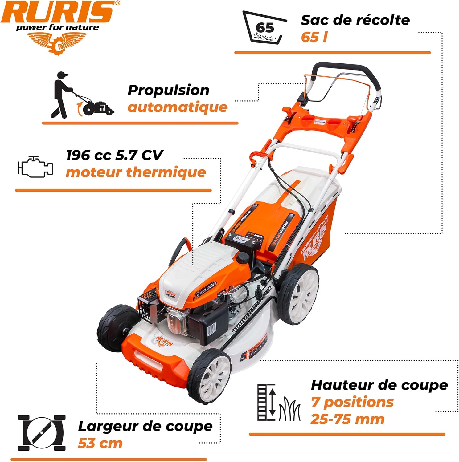 etezen Tondeuse à Gazon Thermique 5 en 1 Mulching 5,7 CV 196cc RX500S, Orange