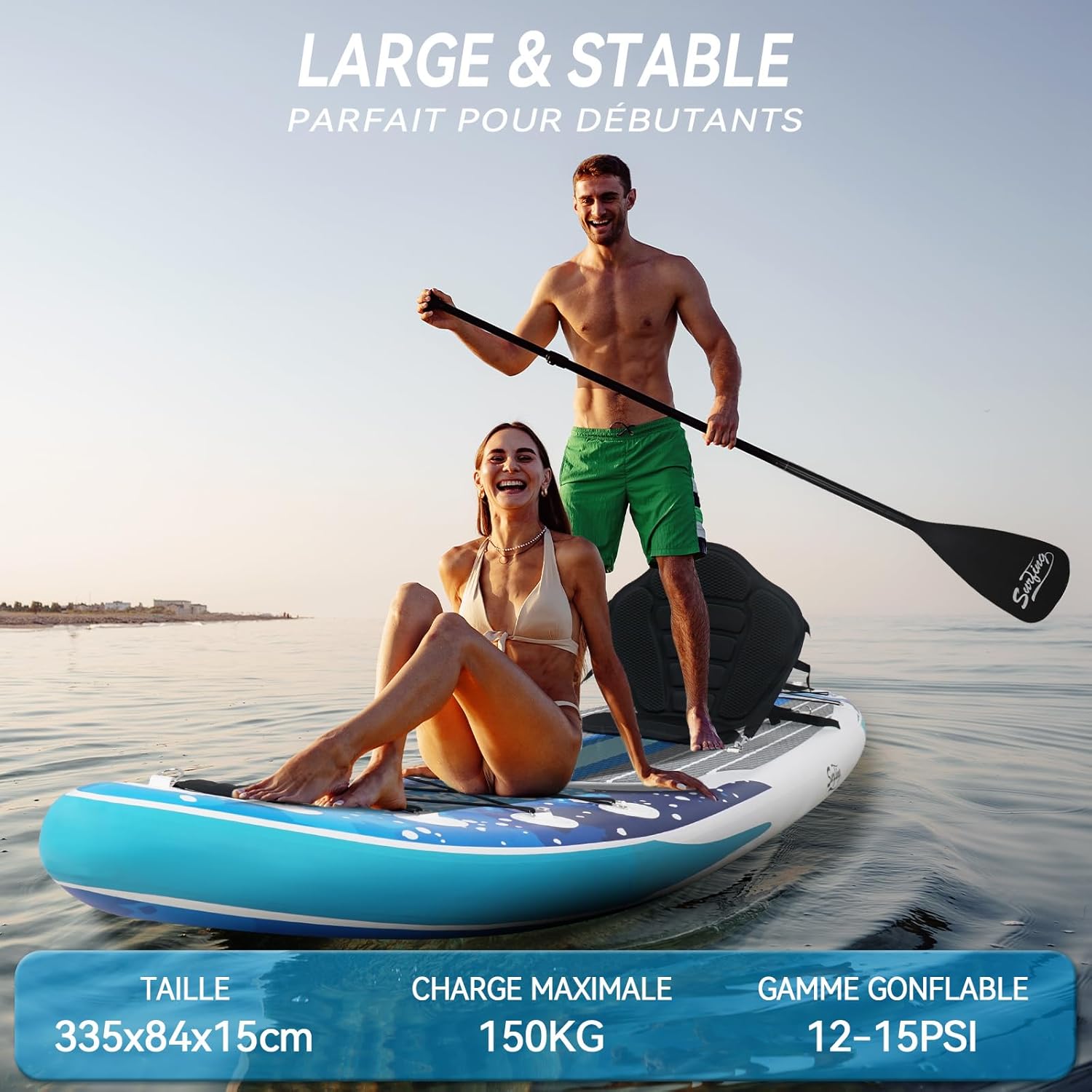 etezen - Paddle gonflable 320/335cm - 2 personnes, siège kayak, jusqu'à 150kg