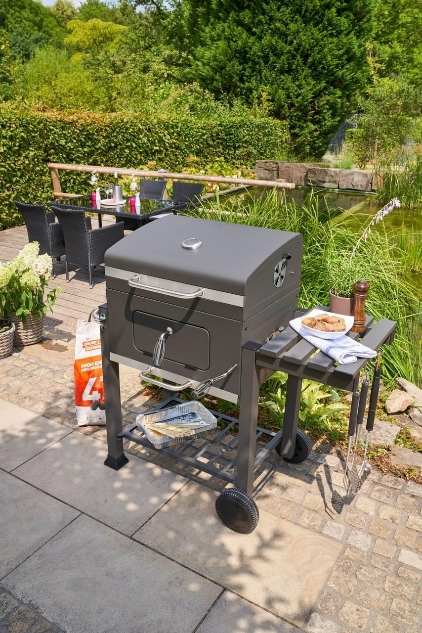 etezen - Memphis - acier, grille, tablette pliable, roulettes, thermomètre, bac à cendres