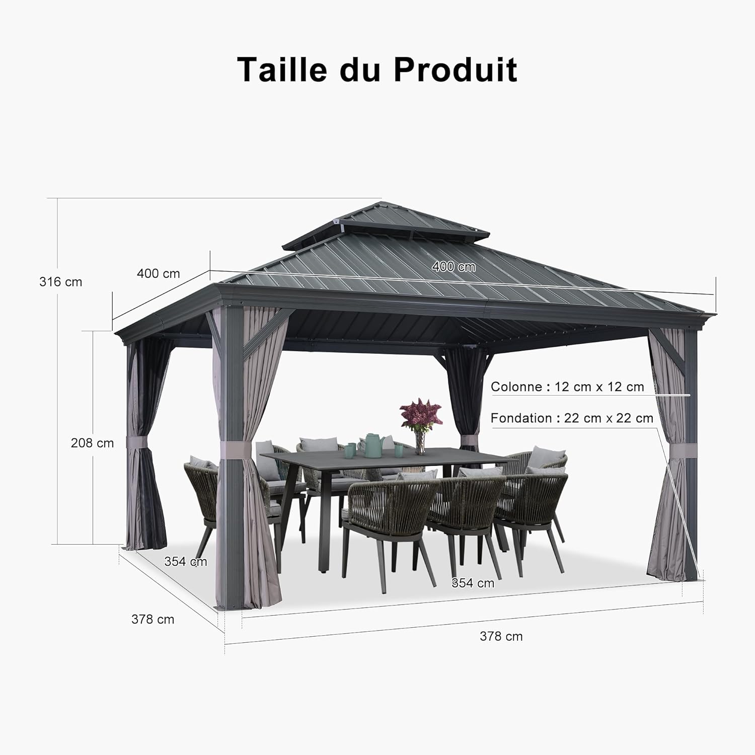etezen - tonnelle double toit acier 4x4m, rideaux, moustiquaire