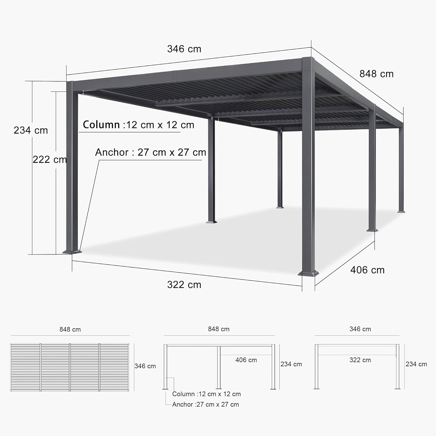 etezen - Pergola bioclimatique série - 3,5x8,5m - aluminium, lames orientables, jardin, terrasse, gris