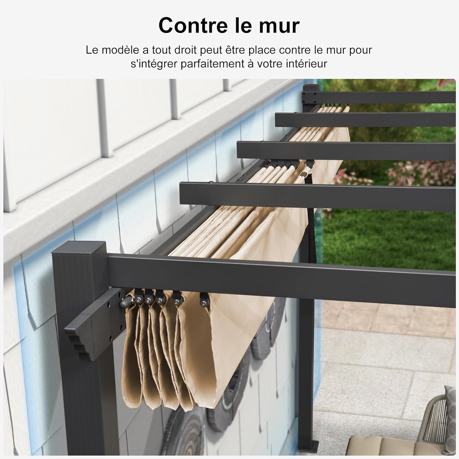 etezen - Pergola murale - 4 x 2,7 m - toit coulissant alu, tissu kaki