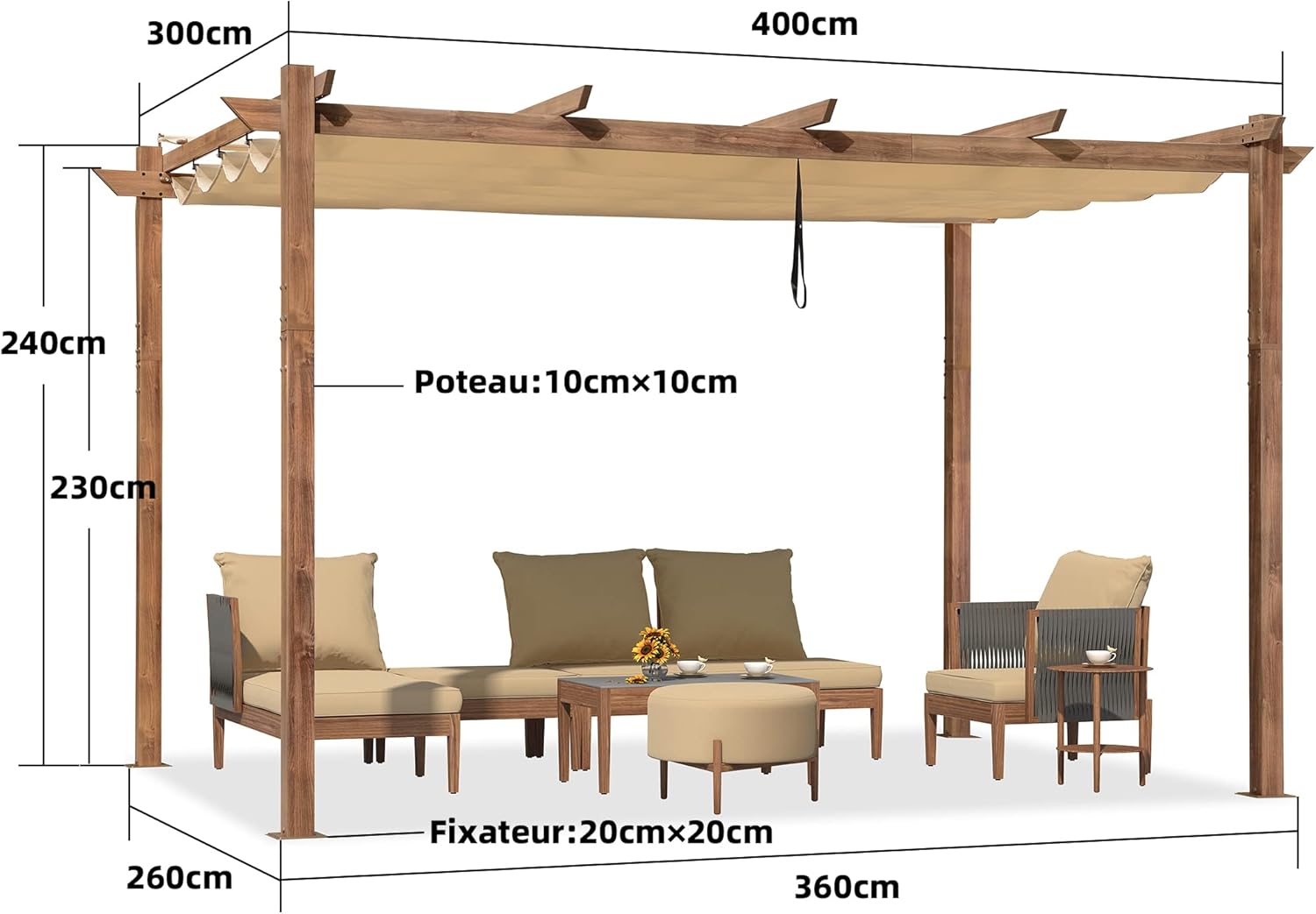 etezen - Pergola aluminium 4x3m, toit rétractable, éclairage intégré, finition teck, kaki