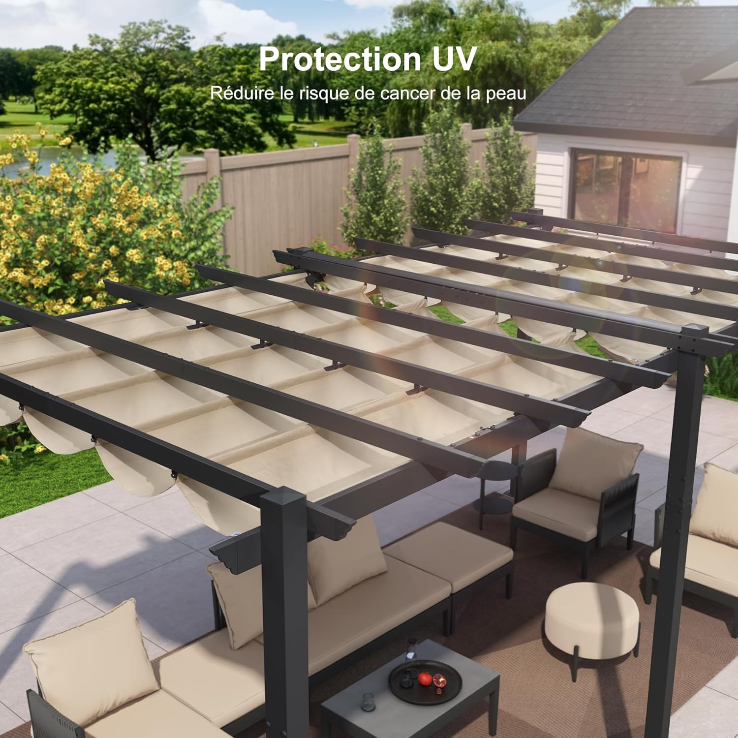 etezen - Pergola aluminium série - 5,5x3,5m - toit coulissant, tissu teint en fil, kaki