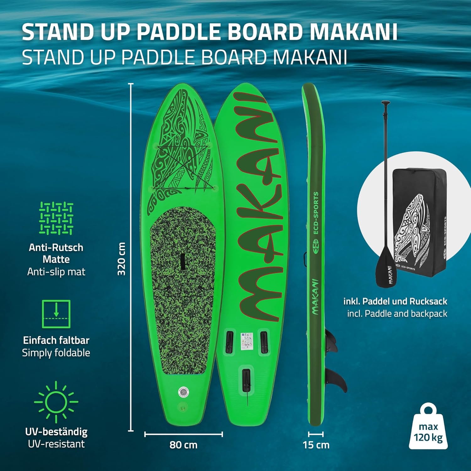 etezen - planche stand up paddle - 305/308/320/380 cm - PVC, jusqu'à 150 kg, 10/15 cm d'épaisseur