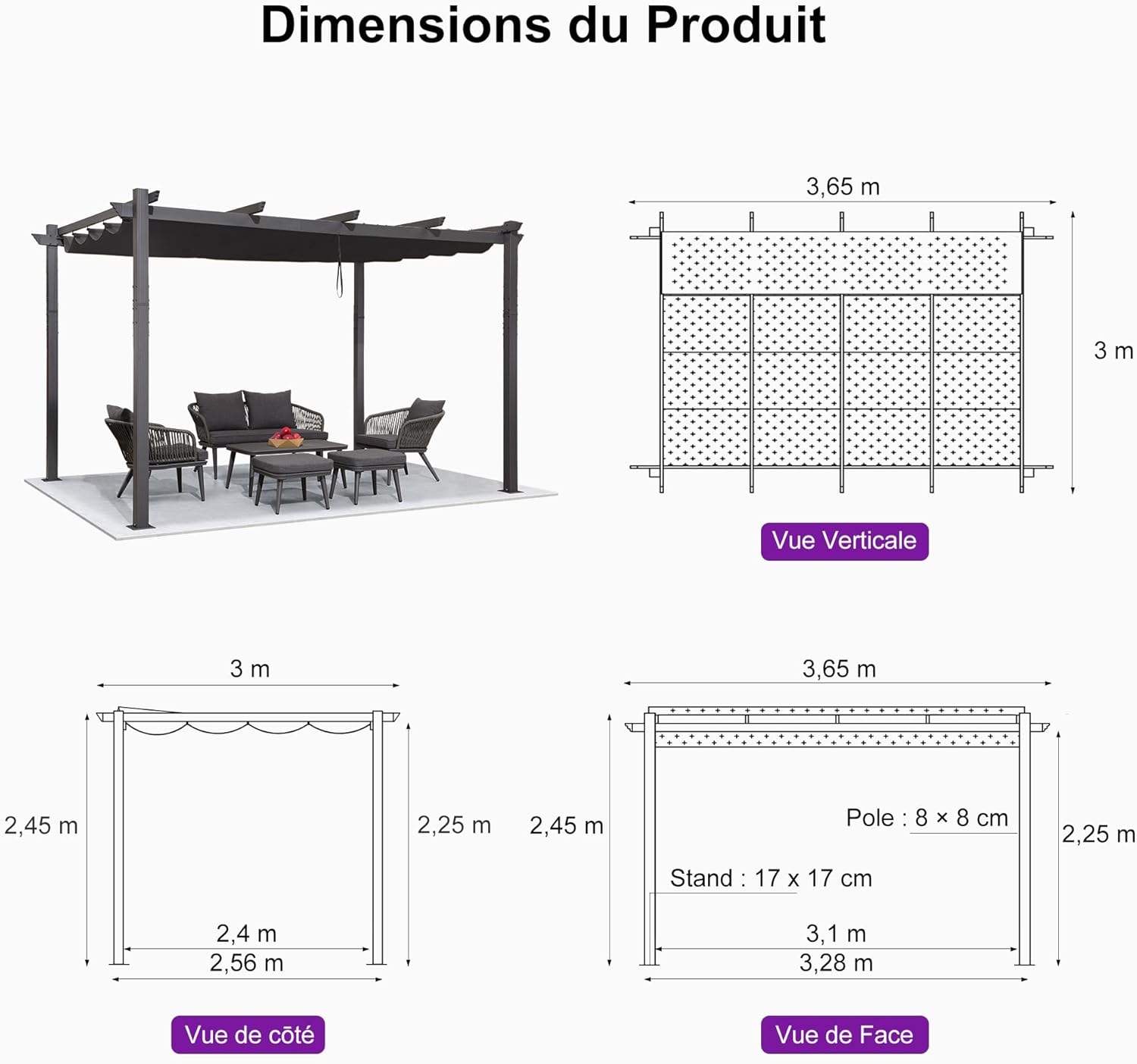 etezen - Pergola aluminium, 3,65x3m, toile coulissante, gris